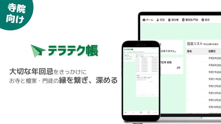 業界初*たった30秒で完結！
年回忌お便り発送特化の寺務管理サービス「テラテク帳」リリース