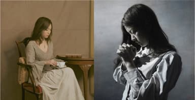 (画像左から)森本草介「コーヒータイム」(2007年)、島村信之「願う」(2022年)