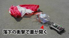 落下の衝撃で蓋が開く様子