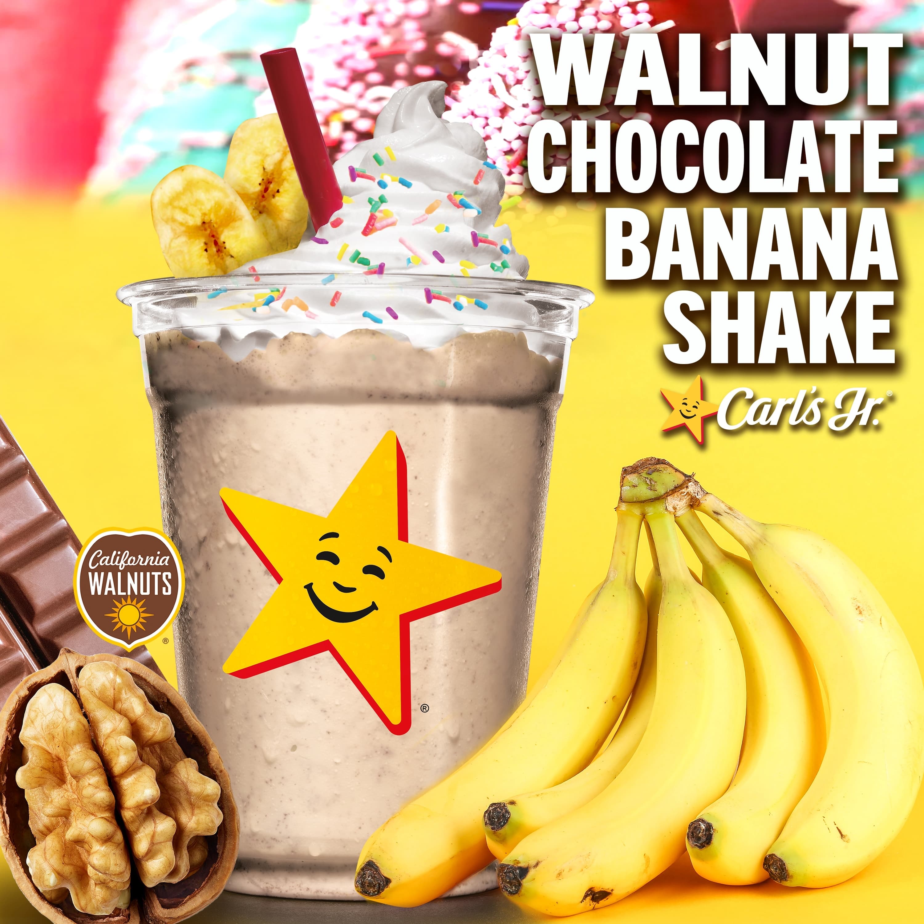 「Carl's Jr.(R)」と初コラボ！ 香ばしいくるみとチョコバナナのプレミアムな味わい　 カリフォルニア産くるみを贅沢に使用した 「ウォールナッツ チョコバナナ シェイク」　 7月14日(金)より夏季限定で新発売！