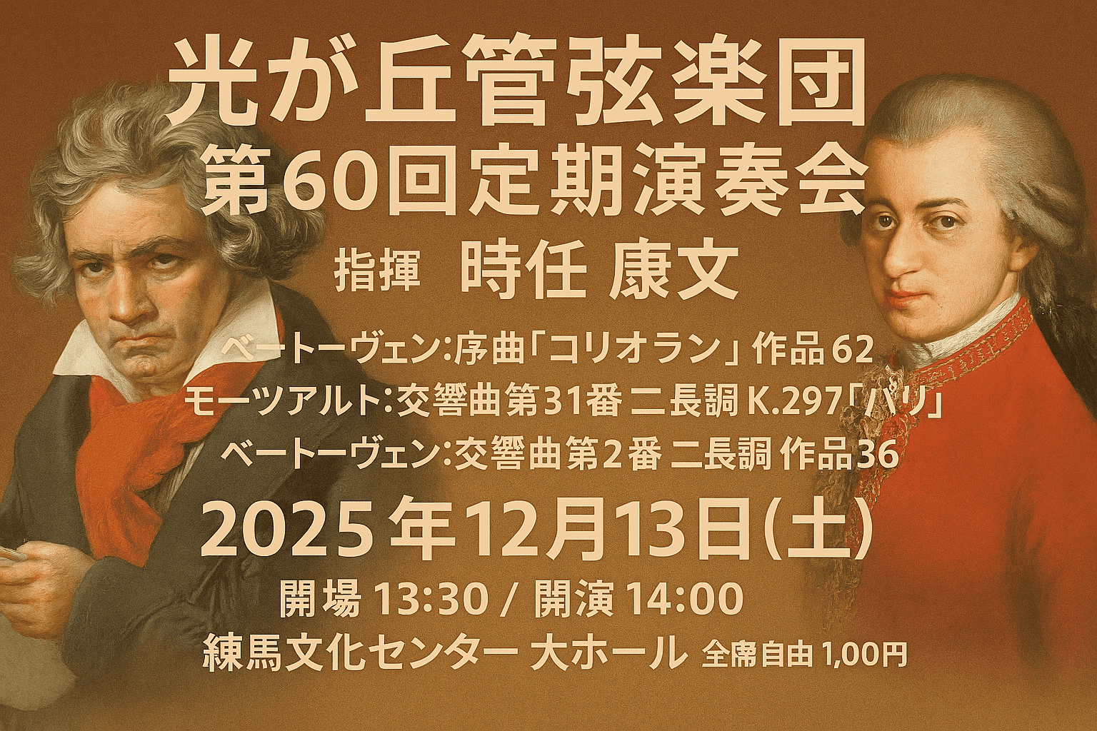 光が丘管弦楽団、30年の歴史で初の練馬文化センター公演を開催！ 「情熱と躍動の古典」ベートーヴェン＆モーツァルトに挑む記念すべき第60回　全席1,000円で発売中。