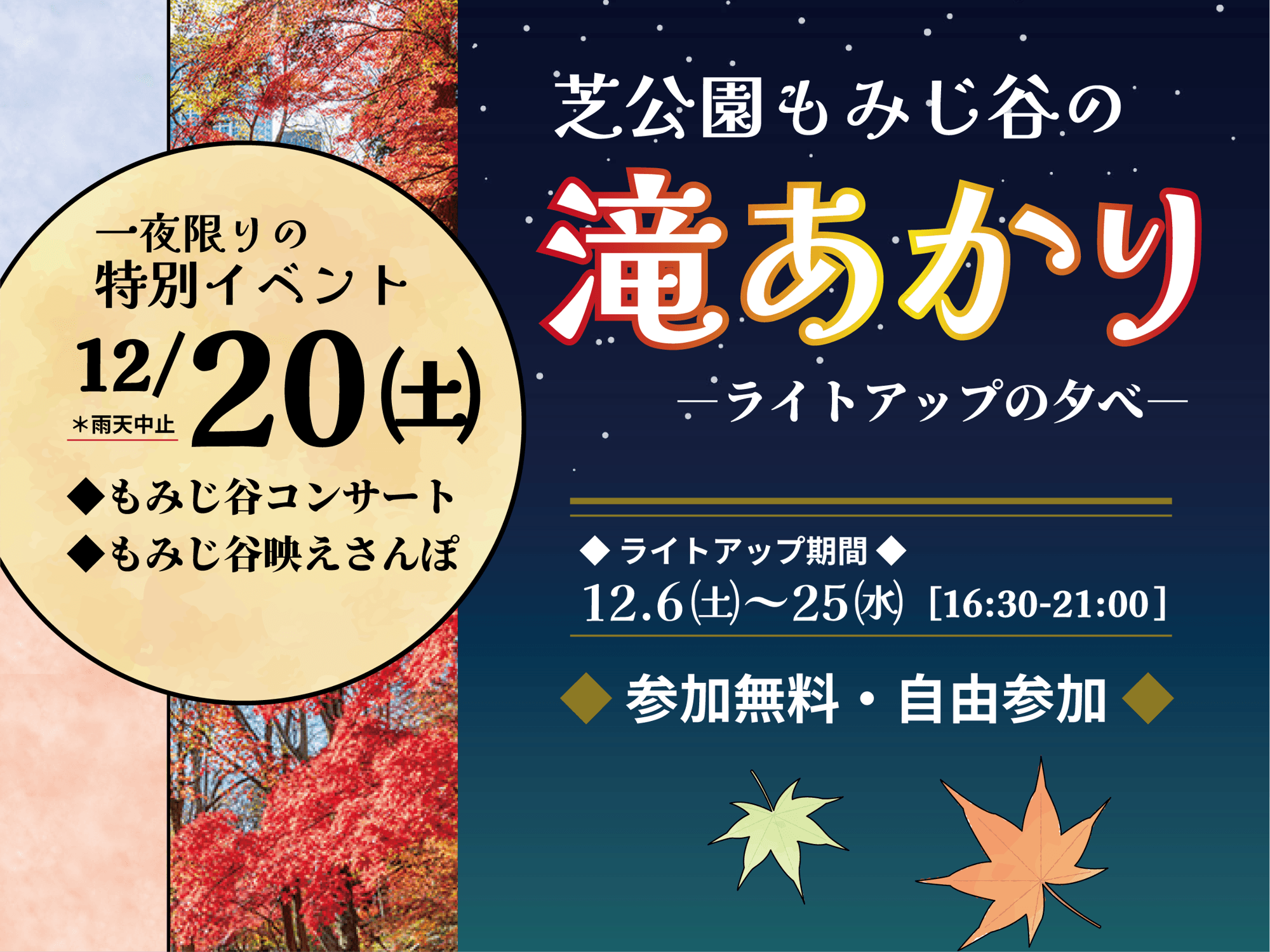 【12/20開催】芝公園もみじ谷の＜滝あかり―ライトアップの夕べ―＞「もみじ谷コンサート」がさらにグレードアップ！