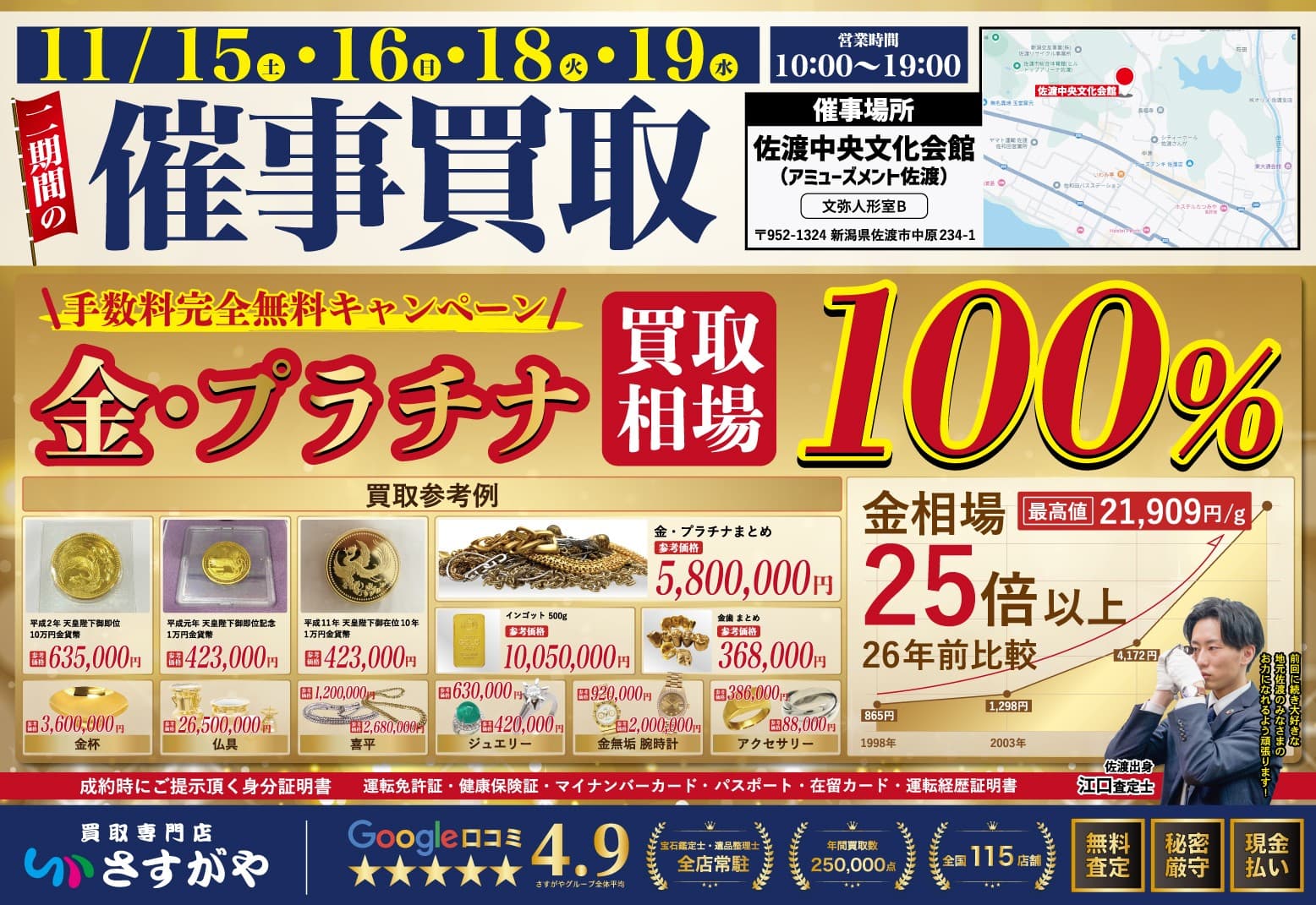 新潟県佐渡市に、買取専門店さすがやが期間限定で出張買取イベント!