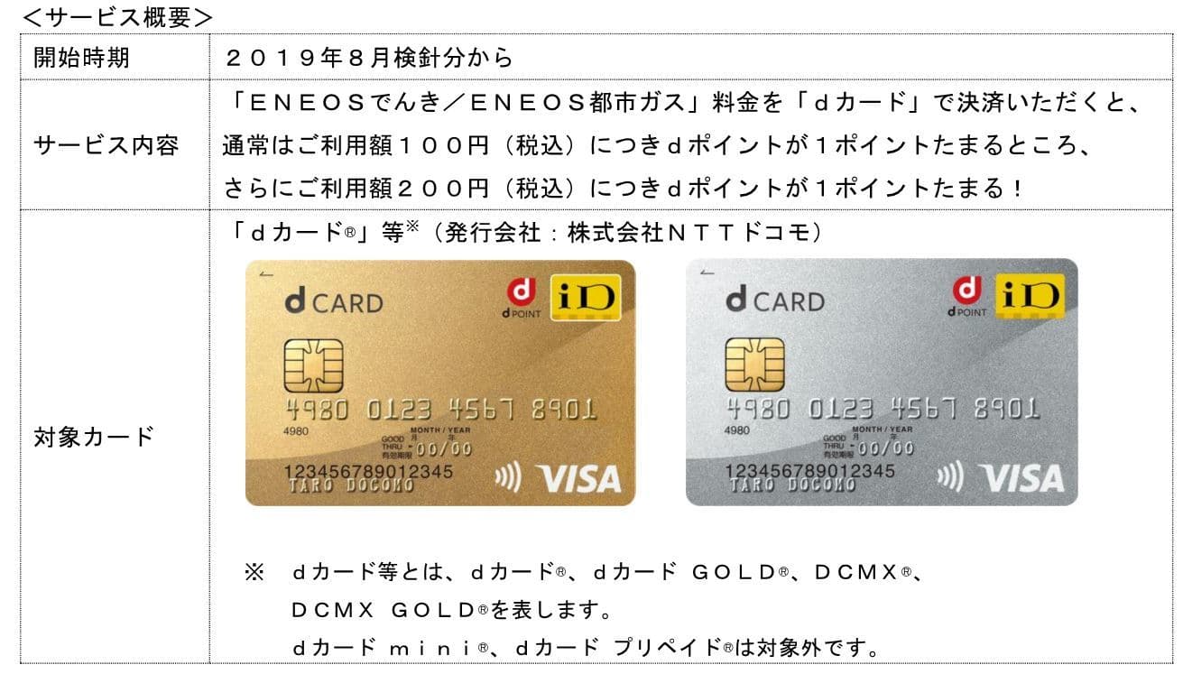 「ＥＮＥＯＳでんき／ＥＮＥＯＳ都市ガス」で「ｄカード」決済向けポイント加算サービスを開始します！ 