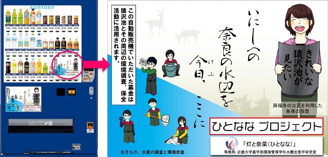 近大生による猿沢池やその周辺の環境調査・保全活動　「ひとななプロジェクト」を支援する募金ボタン付き自動販売機を設置