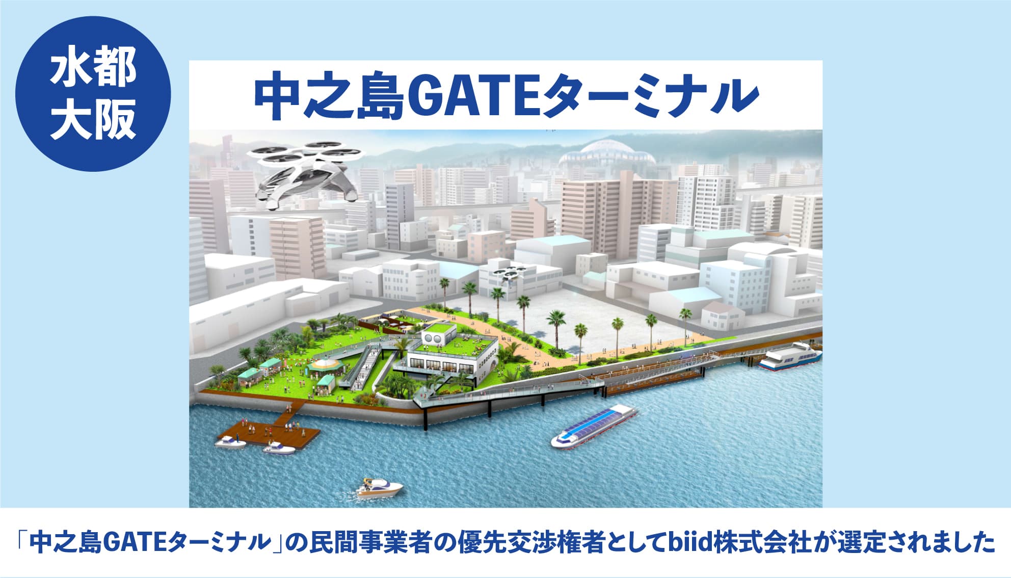 大阪府より「中之島GATEターミナル」の開発整備、管理運営を行う民間事業者の優先交渉権者としてbiid株式会社が選定。