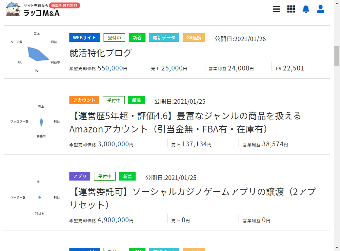 Webサイト売買プラットフォーム【ラッコM&A】　 アカウント・アプリを売却物の種別に追加