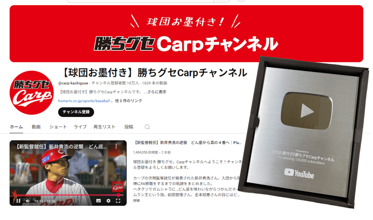 【広島ホームテレビ】「 ＼球団お墨付き／ 勝ちグセ。Carpチャンネル」YouTube登録者数10万人突破で「銀の盾」獲得！