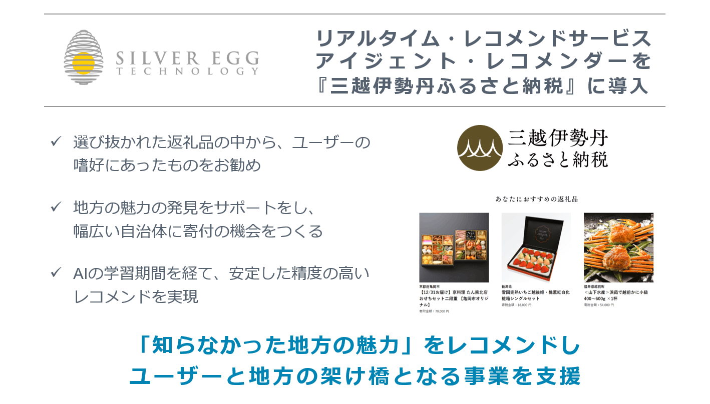 シルバーエッグ・テクノロジー、AI搭載レコメンドサービス 「アイジェント・レコメンダー」を 三越伊勢丹ふるさと納税ポータルサイトに導入