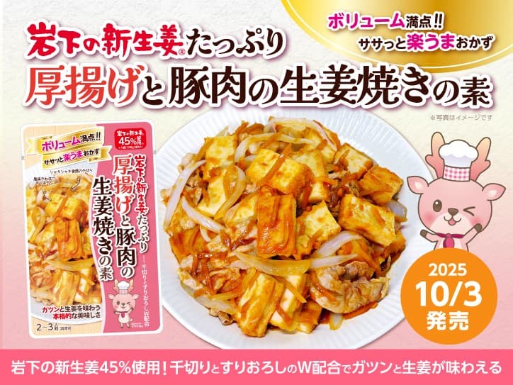 ボリューム満点“楽うま”おかずがササっとできる！「岩下の新生姜たっぷり 厚揚げと豚肉の生姜焼きの素」を10月3日発売