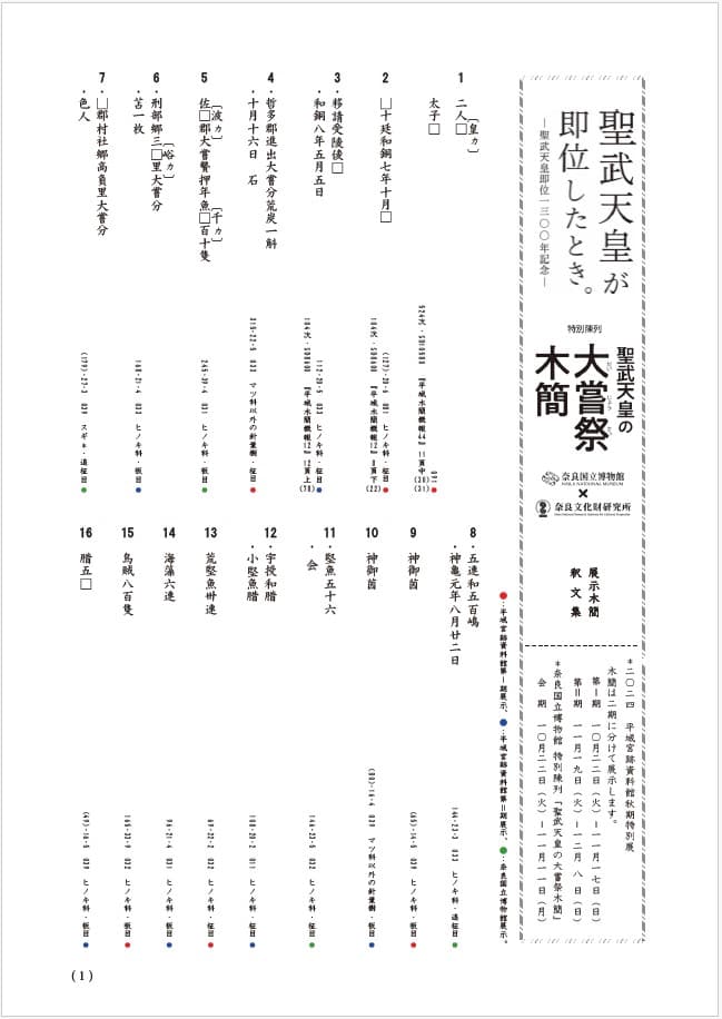 【奈良文化財研究所】聖武天皇が即位したとき。―聖武天皇即位1300年記念― × 【奈良国立博物館】特別陳列「聖武天皇の大嘗祭木簡」展示木簡釈文集を公開しました