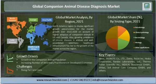 コンパニオンアニマル診断市場ー技術別（免疫診断、臨床生化学、血液学、尿検査、分子診断など）;アプリケーション別;動物の種類別、エンドユーザー別-世界の需要分析と機会の見通し2021-2029年