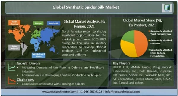 合成スパイダーシルク市場ー製品別（遺伝子組み換え酵母発酵、遺伝子組み換えカイコ、および遺伝子組み換え大腸菌細菌発酵）;アプリケーション別-世界の需要分析と機会の見通し2029年