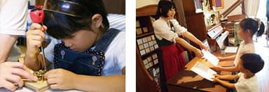 オルゴール組立体験の様子 ／「オルゴール博士」認定証授与の様子