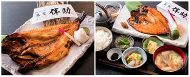 左：「特大とろきんき開き」3,800円 右：ランチセット「のどくろ開き定食」2,980円