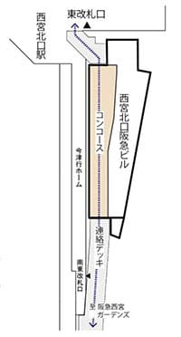 西宮北口阪急ビルを通り抜けるコンコースの完成位置図