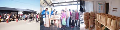 完成した「益城町テクノ仮設団地『みんなの家』」とお米の提供・入居者の皆様への配布の様子