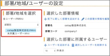 子会社である「cstap製造株式会社」に所属する部門システム管理責任者が閲覧できるユーザー情報画面