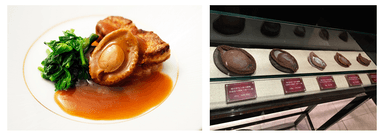 「THE CHINOIS Taste of Canton」の看板メニュー、干アワビ料理(左)、店内には干アワビのサンプルを展示。左の一番大きいサイズだと1個88万円！アワビが“黒のダイヤモンド”と言われるゆえんの価格(右)