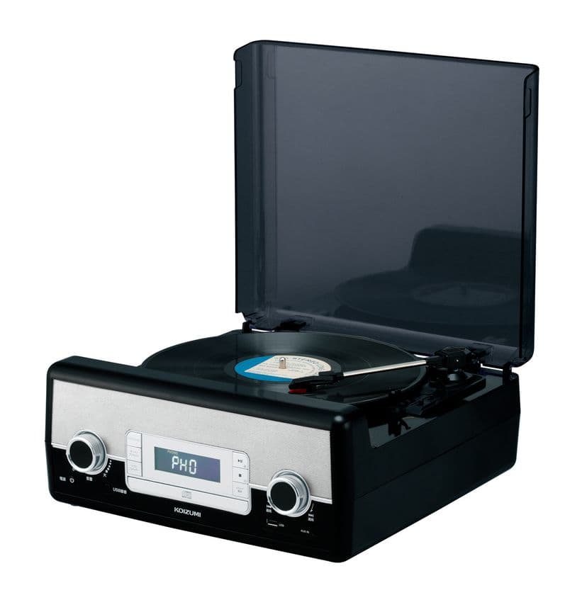 レコード、CD、FMラジオが一体に。
しかもスピーカーも内蔵と機能満載！
ターンテーブルシステムの「マルチレコードプレーヤー」を新発売