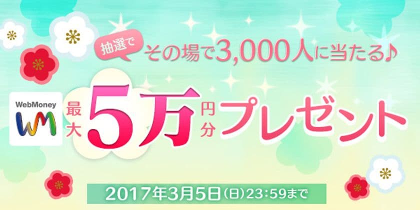 抽選でその場で3,000人に当たる♪
WebMoney最大5万円分プレゼントキャンペーン
2月23日(木)より実施