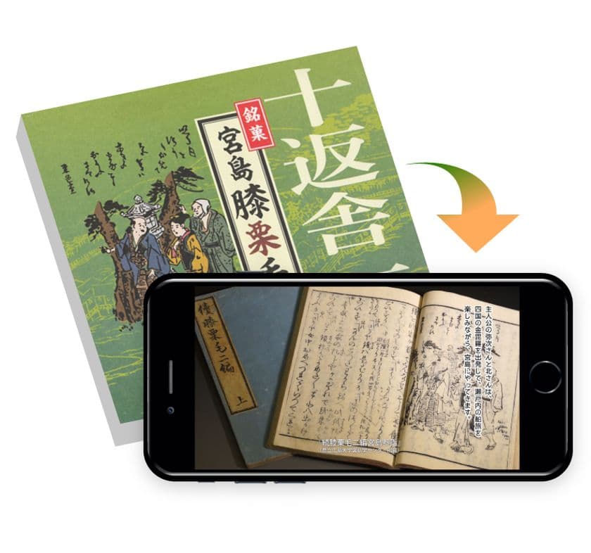 宮島の饅頭にスマホをかざすと『東海道中膝栗毛』の続編が登場！
「大学」×「菓子メーカー」×「お土産物企業」×「IT企業」の
ARを活用した新たな観光振興