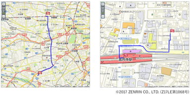 左：駅から会社への徒歩経路の表示例、右：自宅から会社への自動車経路の表示例