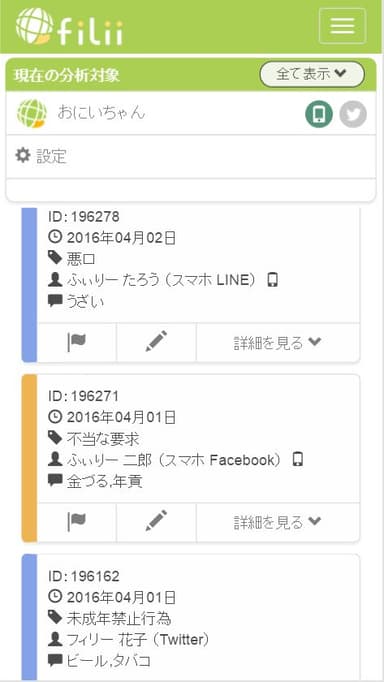 『Filii』アラート分析画面