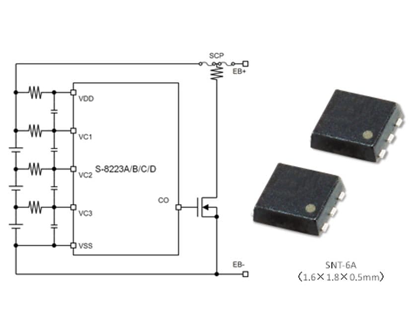 2～3セル用リチウムイオン電池セカンドプロテクトIC
「S-8223A/B/C/Dシリーズ」を発売