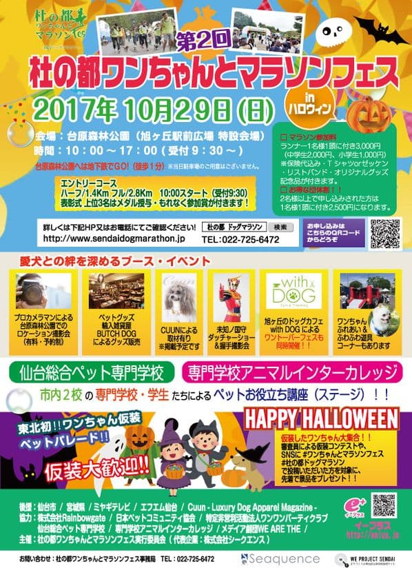 “仙台ドッグマラソンフェス”が今年も開催！
「第2回 杜の都ワンちゃんとマラソンフェス in ハロウィン」
　10月29日(日)に台原森林公園 旭ヶ丘駅前広場にて開催