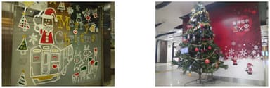 （左）駅長室ガラス面への装飾（昨年作品）　（右）駅構内の装飾