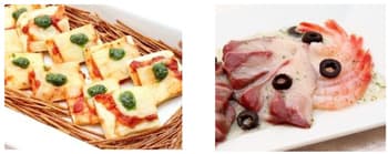（左）ピッツァ マルゲリータ 1月のディナー　（右）鰤と甘海老のカルパッチョ 2月のディナー