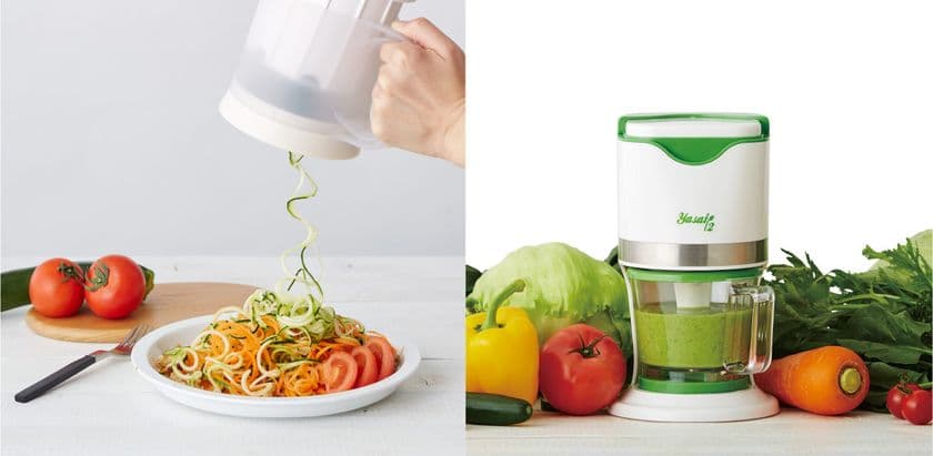 “プッシュ”すると野菜麺＆スムージーが出来上がり！
野菜を楽しめる調理器具(2種)を12月販売開始