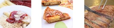 【左】3月ハモンセラーノと ホワイトアスパラのグラチネ　【中央】4月桜海老香る 新玉ねぎのキッシュ　【右】人気の国産牛ステーキ