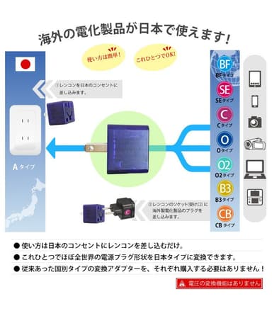 海外の家電製品が日本で使えます ※電気製品によっては別途変圧器が必要な場合があります