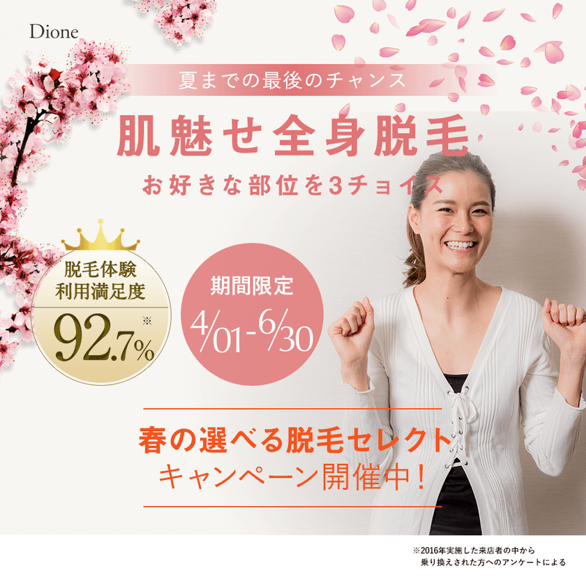 好きなパーツを選んでお試し！夏に向けて全身脱毛を体験　
全国の美肌脱毛サロン「Dione」で4/1からキャンペーンを実施