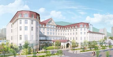 新ホテルの外観イメージ（花のみち側(北側)から望む） ※現時点の計画に基づく完成予想図であり、変更となる可能性があります。