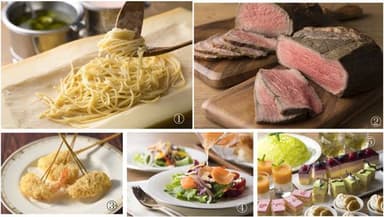 （1）チーズで絡ませパスタ （2）ローストビーフ（ランチ：オーストラリア産モモ肉、ディナー：国産牛モモ肉）（3）トルコ麺カダイフをまとったシーフードフライ （4）サラダ （5）デザート各種
