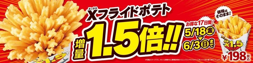 人気のＸフライドポテトお値段そのまま１．５倍！
お得な１７日間が始まります
