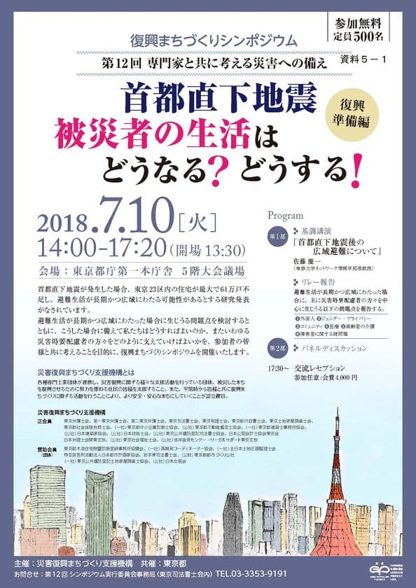 復興まちづくりシンポジウム　
第12回専門家と共に考える災害への備え～復興準備編　
「首都直下地震　被災者の生活はどうなる？どうする！」