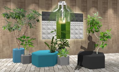 天然素材のコケを使った壁面緑化、植物と組み合わせるデザイン家具、プランツシェードの設置イメージ