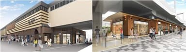 【左】洛西口駅東側から見た施設の外観イメージ　【右】洛西口駅（桂駅方面）の東側歩道から見た施設の外観イメージ