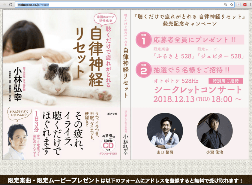 自律神経を整える幸福ホルモンを活性化！528HzCDブック
発売記念キャンペーン！限定楽曲を応募者全員にプレゼント！