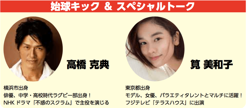 日本ラグビー界初「始球キック」
元ラグビー部 高橋克典、
JJモデル 筧美和子がキックオフイベントに登場！
～ラグビーWC2019に向けて弾みを！～