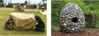 【左】黒川 岳「石の音を聴く」 記念碑台　【右】榮 建太郎「いしのたね」 六甲オルゴールミュージアム
