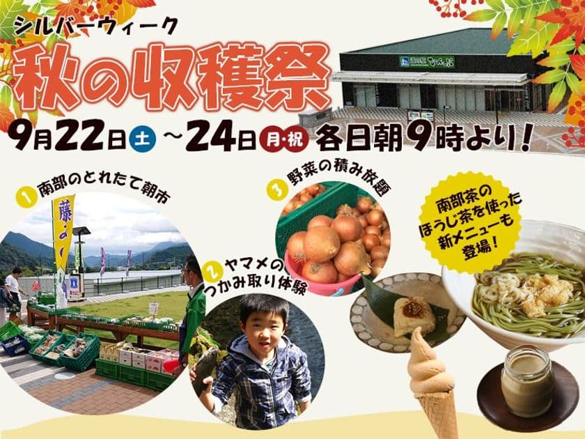 ～道の駅なんぶ オープンから1ヵ月で来場者約15万人を突破～
秋のシルバーウィークは“秋の収穫祭”を開催！
南部のとれたて朝市やヤマメのつかみ取りなど企画盛りだくさん