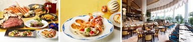 【左】 お正月限定メニュー【中央】 ＜ライブキッチン＞海の幸のバター焼き 【右】 「グランカフェ」店内