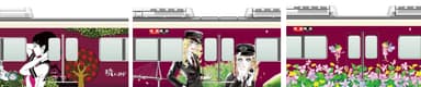 車両のラッピングイメージ　左：神戸線　　中：宝塚線　　右：京都線