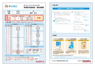 「数学検定3級」個別成績票サンプル 表面・裏面