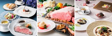 (左)カフェレストラン「ソラレス」：ヒスイラン　(中央)鉄板焼「梅野」：白薔薇～しろばら～　(右)仏蘭西料理「プルミエ」：カトレア